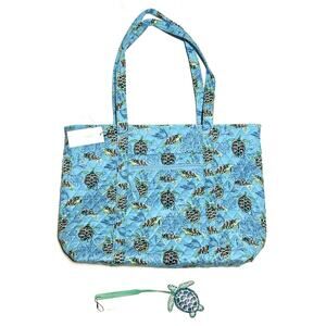 Vera Bradley Sea Turtles Coral Large Vera Travel Tote Quilted Cotton Bag Charm